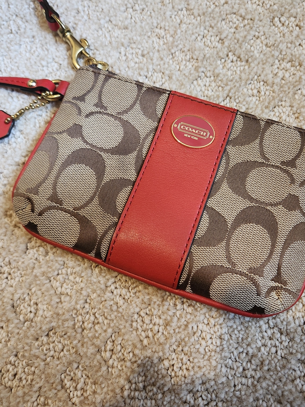 Coach Signature Canvas Wristlet With Red Leather Accents